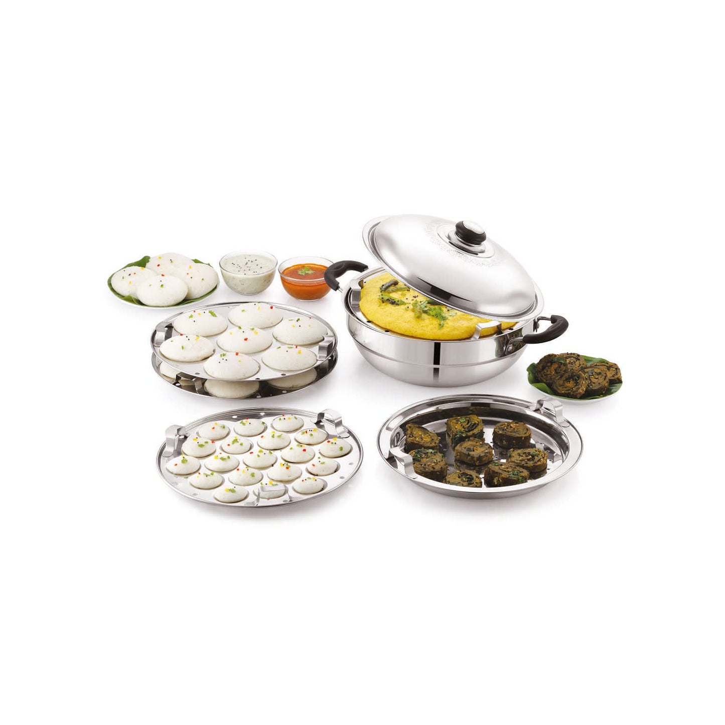 Anjali Fiesta Stainless Steel 7 in 1 Pro Multi Kadai with Lid Gift Set 4700 ml including 3 Idli Plates 1 Patra Plate and 2 Dhokla Plates Compatible with Induction Base