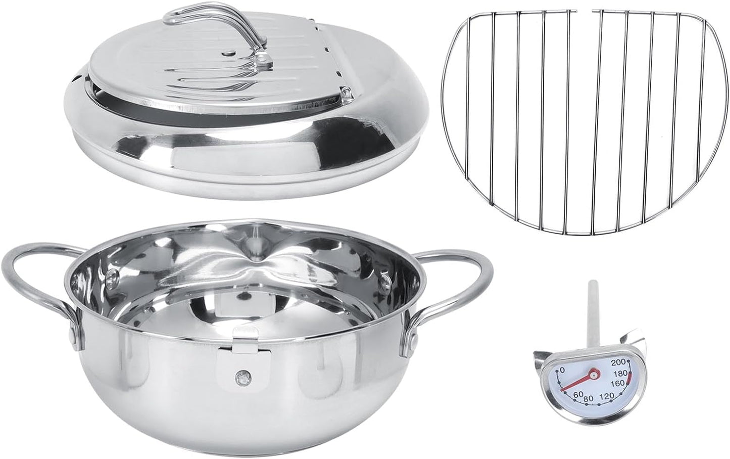 Deep Fryer Pot, 28cm Janpanse Style Tempura Frying Pot with Thermometer, Lid and Oil Drip Drainer Rack, Stainless Steel Non Stick Mini Deep Fryer for French Fries Chicken Wings