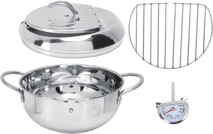 Deep Fryer Pot, 28cm Janpanse Style Tempura Frying Pot with Thermometer, Lid and Oil Drip Drainer Rack, Stainless Steel Non Stick Mini Deep Fryer for French Fries Chicken Wings