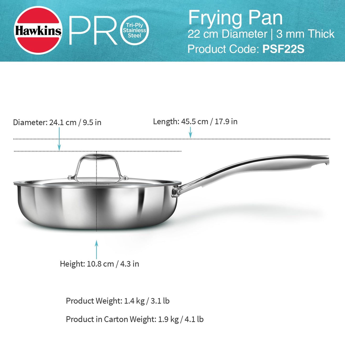 Hawkins Pro 26 cm Frying Pan, Triply Stainless Steel Fry Pan with Stainless Steel Handle and Stainless Steel Lid, Silver (PSF26S)