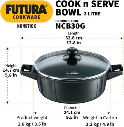 Hawkins Futura Non-Stick Cook-N-Serve Bowl with Glass Lid, 3 Litre Capacity NCB30G