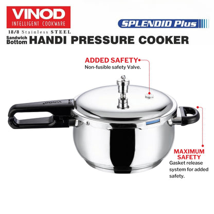 Vinod Splendid Plus Stainless Steel Outer Lid Pressure Cooker 3.5 Litre | Handi Cooker with SAS Bottom & Extra Glass Lid | Induction & Gas Compatible | ISI & CE Certified