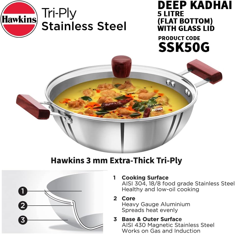 Hawkins 5 Litre Deep Kadhai, Triply Stainless Steel Kadai with Glass Lid, Flat Bottom Induction Deep Kadhai, Big Kadai, Silver (SSK50G)