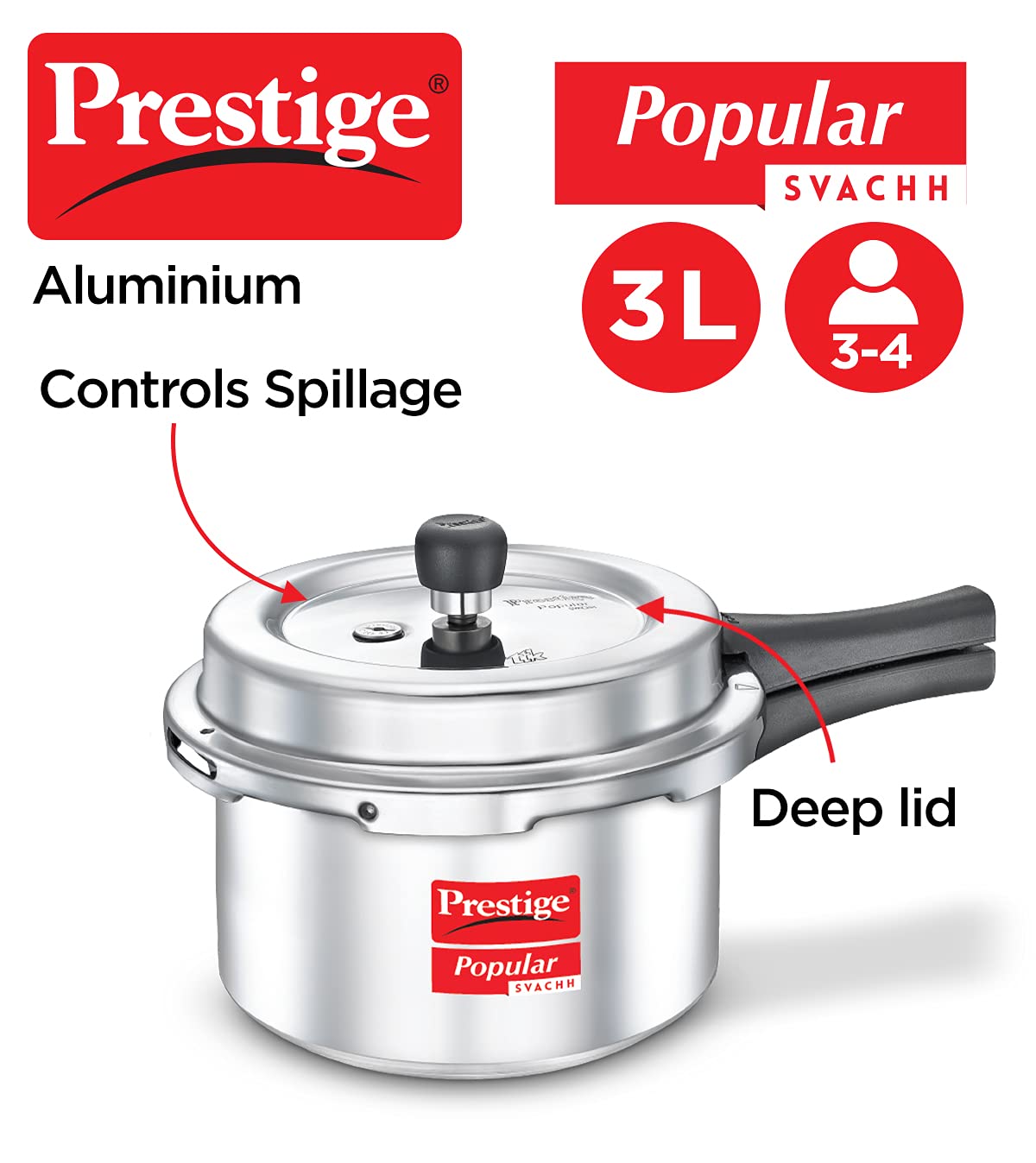 Prestige Popular Svachh Virgin Aluminium Spillage Control Outer Lid Pressure Cooker,3 Liter(Silver)