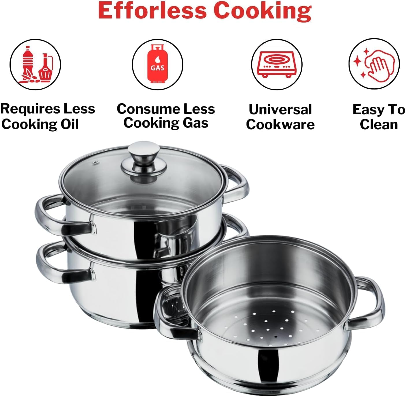3 Tier Steamer Cooking Pan for Induction Hob, Food and Vegetable Steamer with Vented Glass Lid - 24 CM