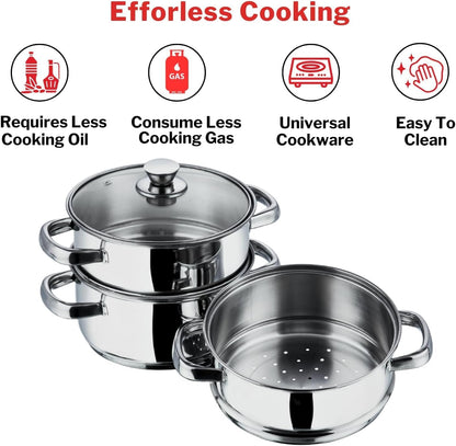 3 Tier Steamer Cooking Pan for Induction Hob, Food and Vegetable Steamer with Vented Glass Lid - 24 CM