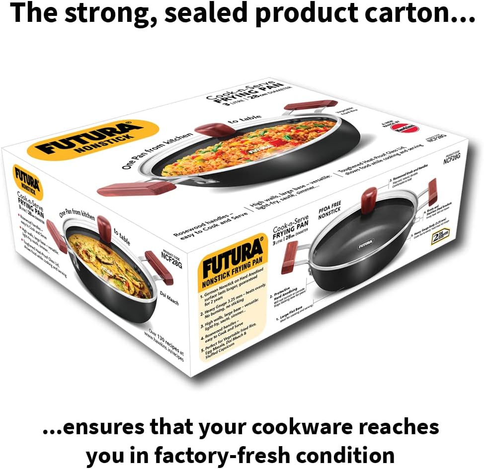 Hawkins FUTURA 3 Litre Nonstick Cook-n-Serve Frying Pan with Glass Lid, Diameter 28 cm, Black (NCF28G)