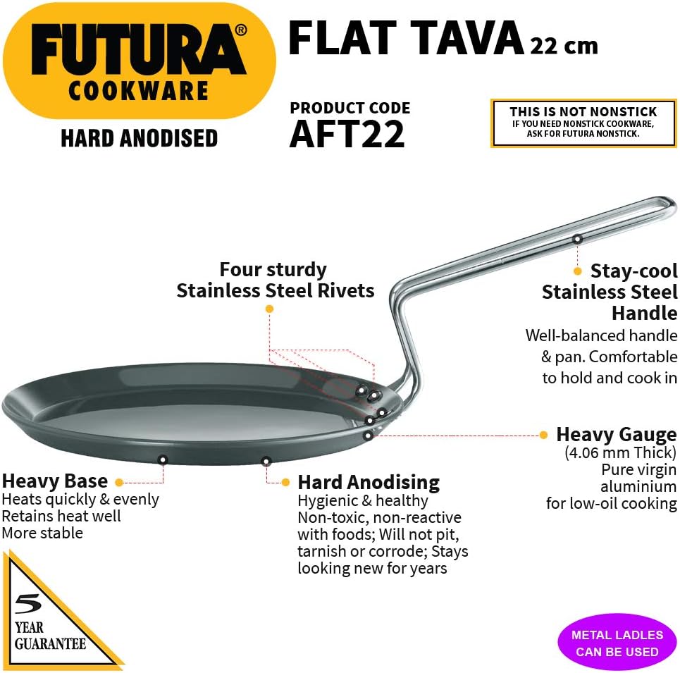 Hawkins Hard Anodised Aluminium Flat Tava, 22 cm Diameter