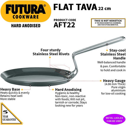 Hawkins Hard Anodised Aluminium Flat Tava, 22 cm Diameter