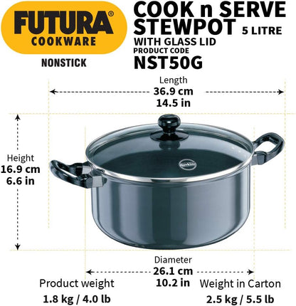 Hawkins Non-Stick Cook-N-Serve Stewpot with Glass Lid 3L , 5L