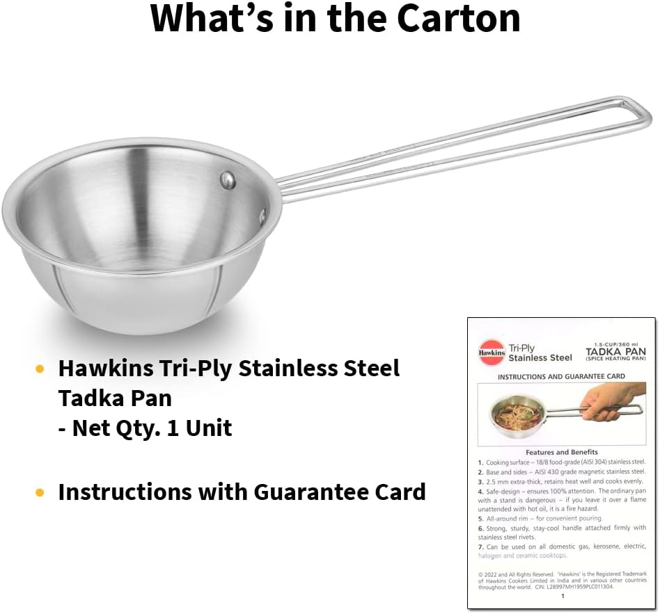 Hawkins Tadka Pan, Triply Stainless Steel Pan, Induction Pan, Silver 1.5 Cup , 2.5 Cup STP15 STP25