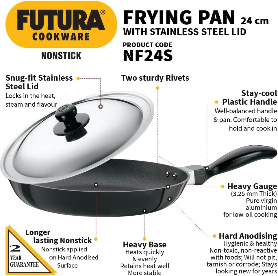 Hawkins Futura Non-Stick Frying Pan with Stainless Steel Lid, 26 cm Diameter, Black