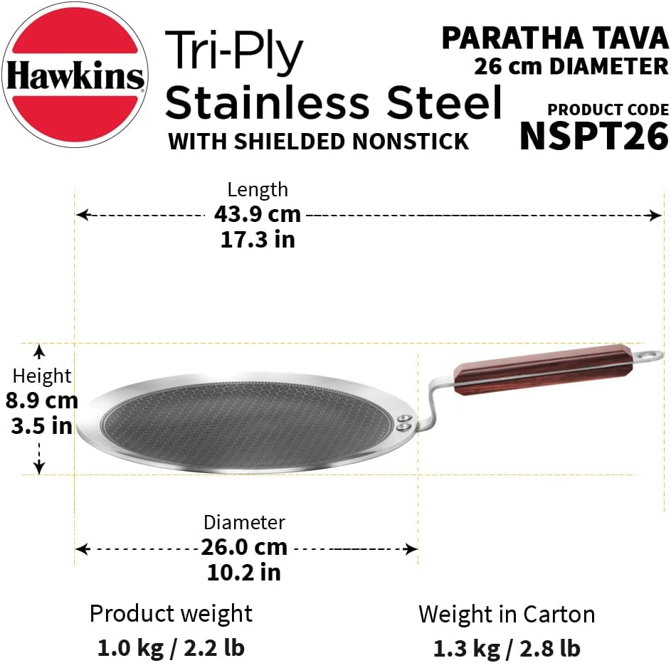 Hawkins 26 cm Paratha Tava, Triply Stainless Steel Shielded Nonstick Tawa with Rosewood Handle, Honeycomb Non Stick Induction Tawa, Silver (NSPT26)