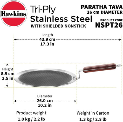 Hawkins Paratha Tawa, Triply Stainless Steel Shielded Nonstick Tawa with Rosewood Handle, Honeycomb Non Stick Induction Tawa, Silver 24 cm / 26 cm (NSPT24) (NSPT26)