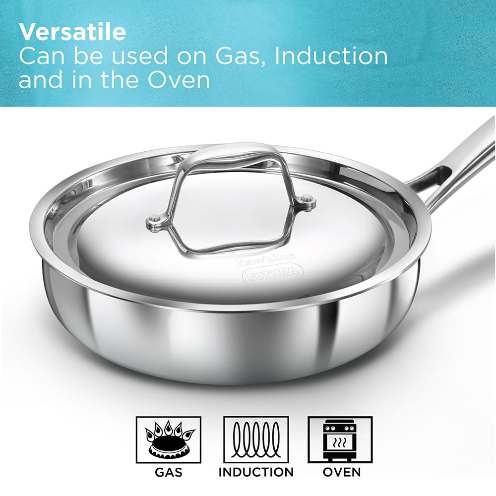 Hawkins Pro 26 cm Frying Pan, Triply Stainless Steel Fry Pan with Stainless Steel Handle and Stainless Steel Lid, Silver (PSF26S)
