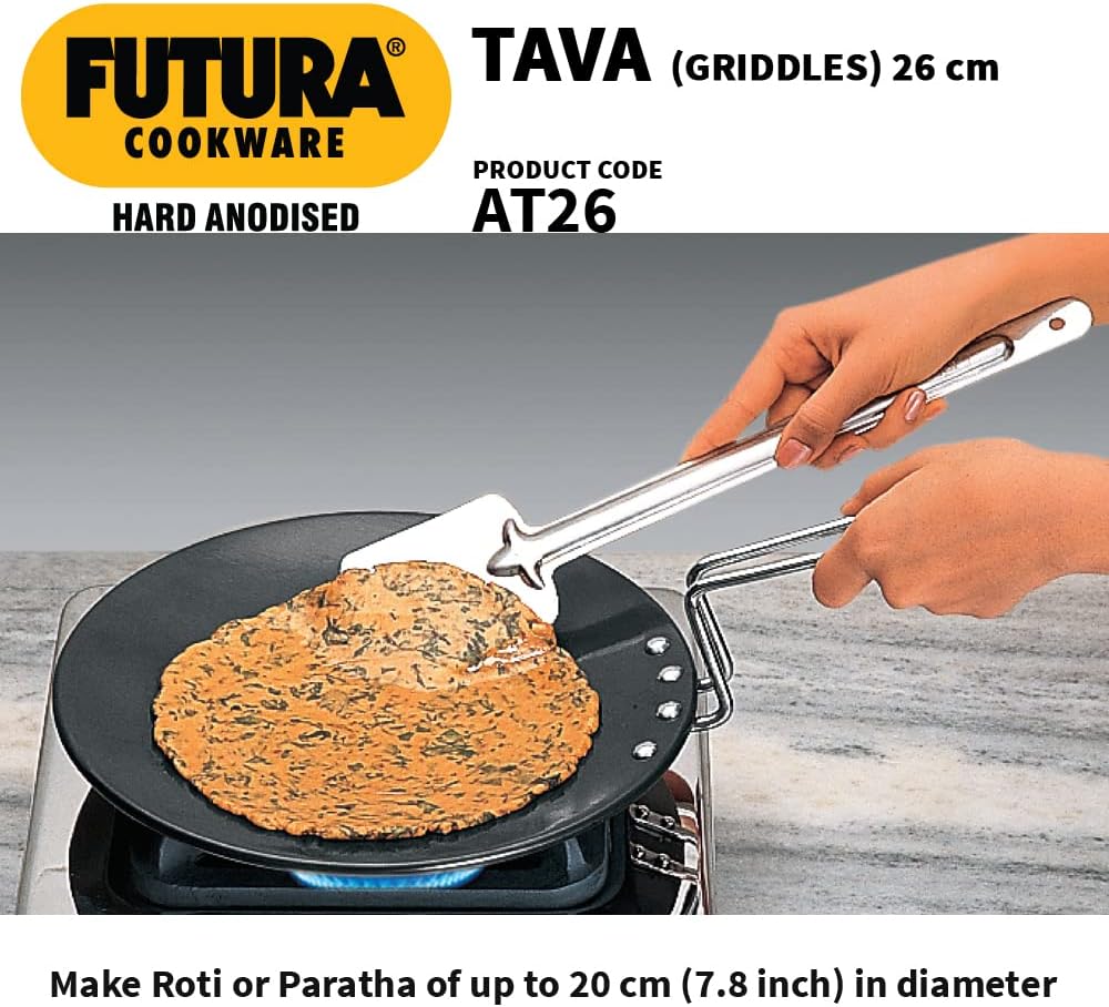 Futura Hard Anodised Concave Tava Griddle, 10-Inch, 4.88 with Steel Handle, 26 cm, Black
