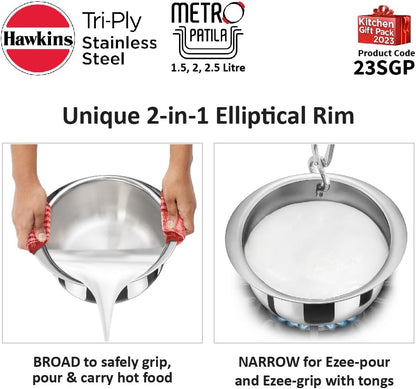 Hawkins Kitchen Gift Pack 2023 (23SGP) 3 Pieces Set of 1.5 Litre, 2 Litre and 2.5 Litre Triply Stainless Steel Patila, Tope, Bhagona, Tapeli, Saucepans