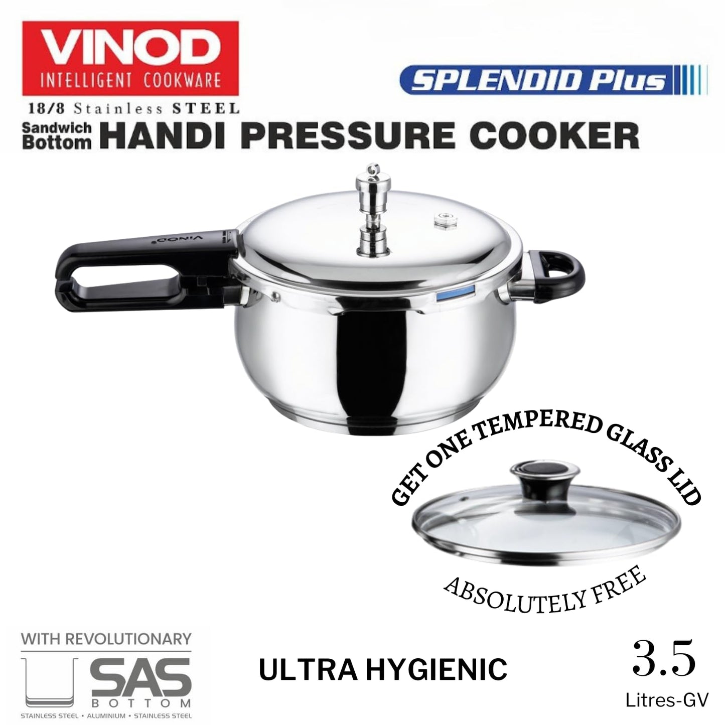 Vinod Splendid Plus Stainless Steel Outer Lid Pressure Cooker 3.5 Litre | Handi Cooker with SAS Bottom & Extra Glass Lid | Induction & Gas Compatible | ISI & CE Certified