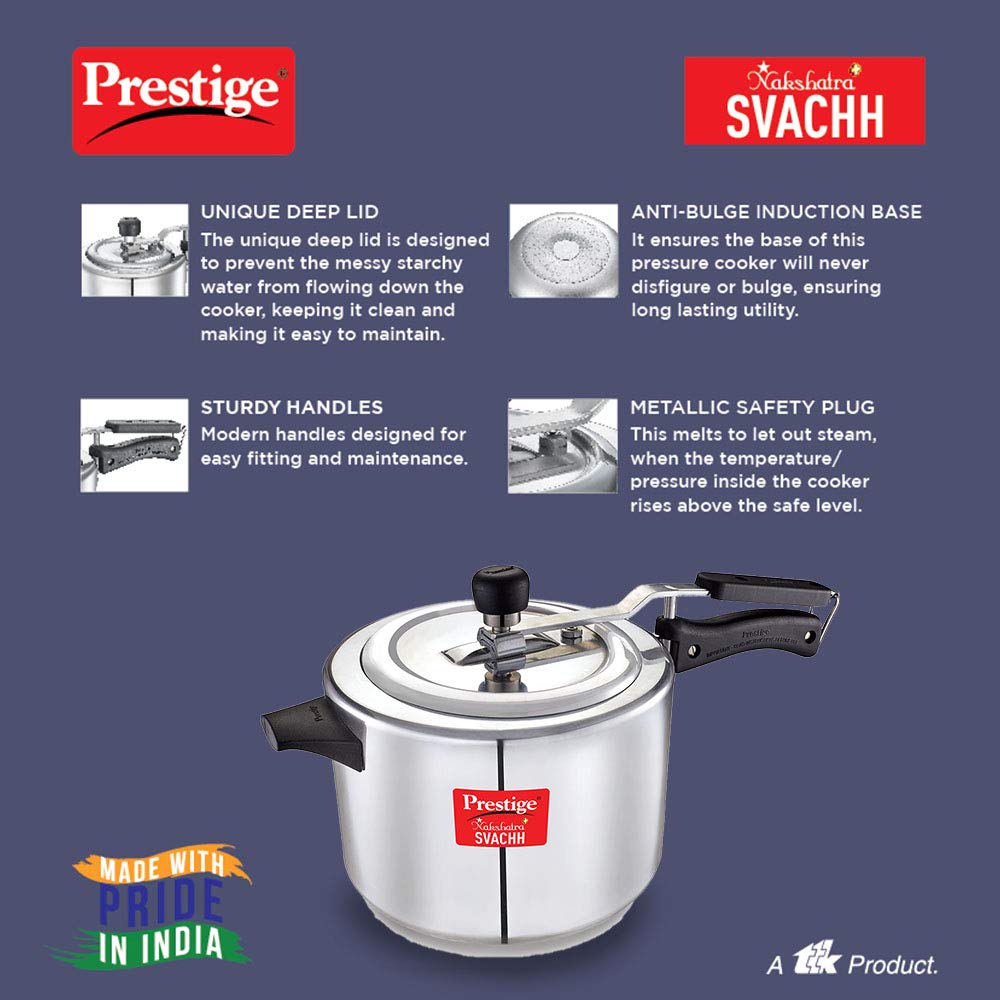 Prestige Nakshatra Plus Svachh Aluminium Straight Wall Inner Lid Pressure Cooker - Silver, 5 L, 5 Liter