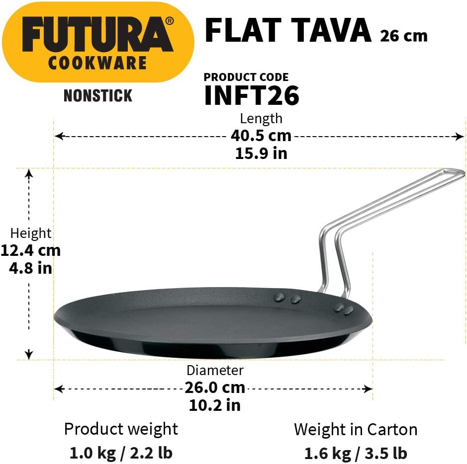 Hawkins Futura Induction Compatible Nonstick Flat Tava with Plastic Handle,26 cm / 30 cm