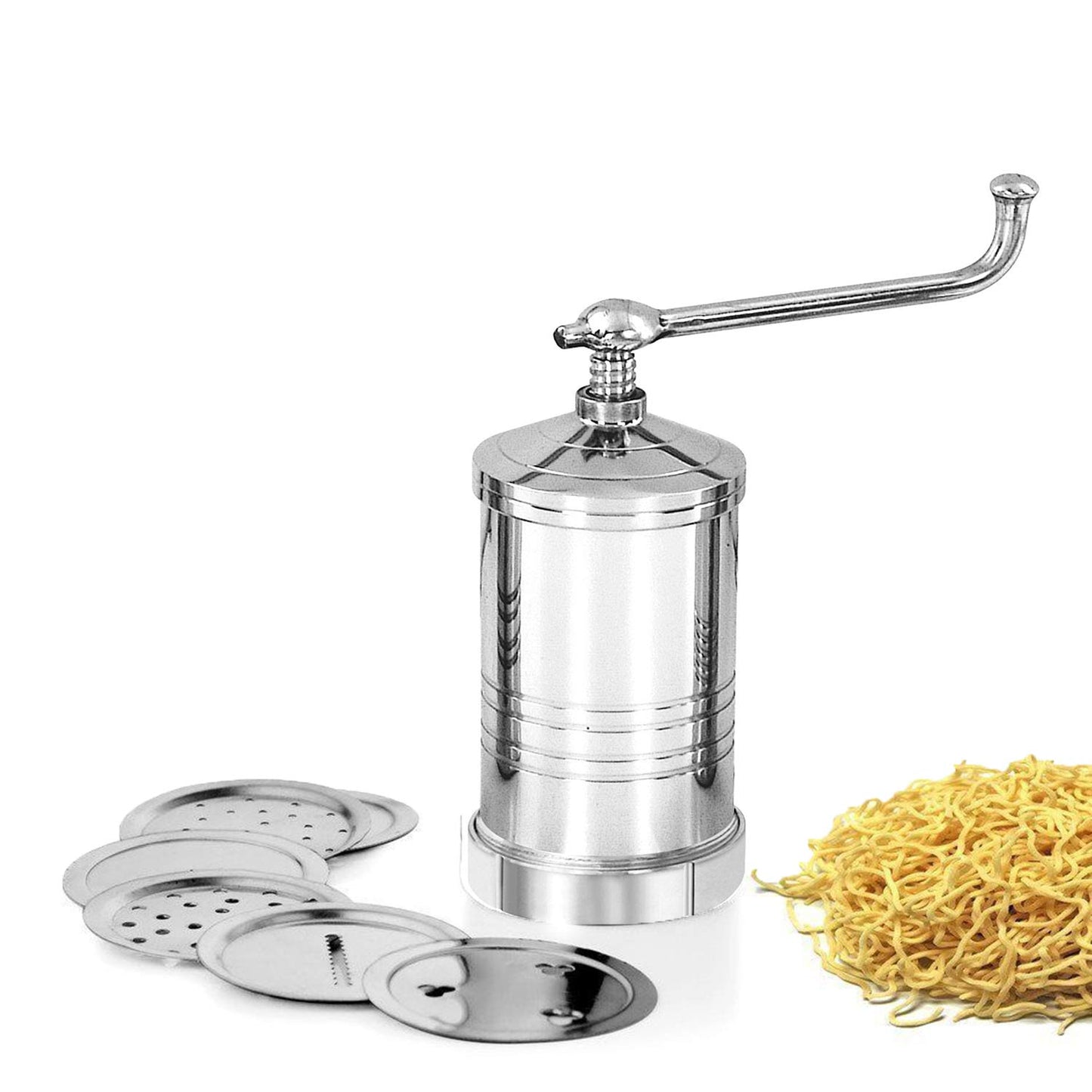 Stainless Steel Sev Sancha Machine with 6 Different Jali for Making Different Types of Sevaiya, Sev, Gathiya Murukku, Chakli, Bhujia (Silver)