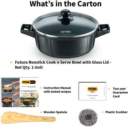 Hawkins Futura Non-Stick Cook-N-Serve Bowl with Glass Lid, 3 Litre Capacity NCB30G