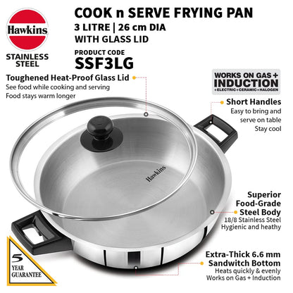 Hawkins 3 Litre Cook n Serve Frying Pan, Stainless Steel Fry Pan with Glass Lid, Induction Frying Pan, Frypan for Cooking and Serving, Silver (SSF3LG)
