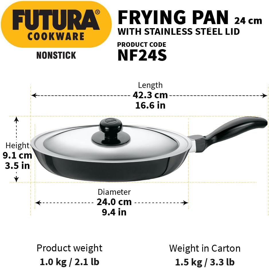 Hawkins Futura Non-Stick Frying Pan with Stainless Steel Lid, 26 cm Diameter, Black