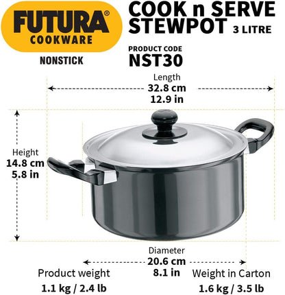 Hawkins Non-Stick Cook-N-Serve Stewpot with Glass Lid 3L , 5L