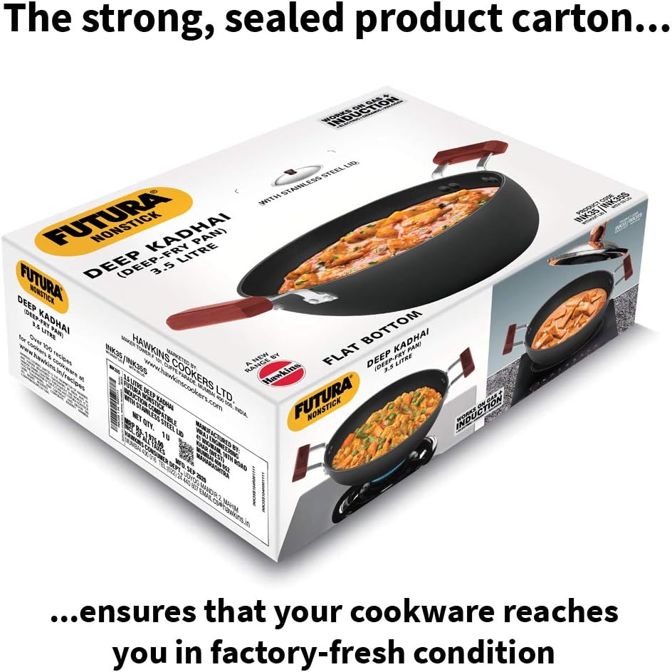 Hawkins Non-Stick Induction Compatible Flat Bottom Deep Kadhai with Stainless Steel Lid, 3.5 Litre Capacity