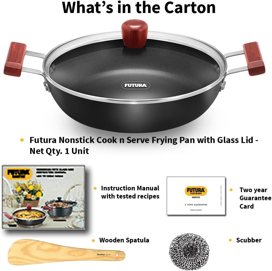 Hawkins FUTURA 3 Litre Nonstick Cook-n-Serve Frying Pan with Glass Lid, Diameter 28 cm, Black (NCF28G)