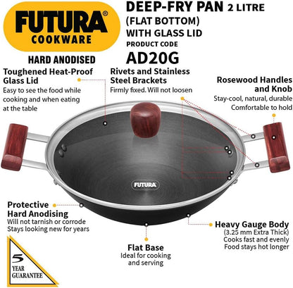 Hawkins Futura Hard Anodised Deep Fry Pan with Glass Lid, 2 Litre Capacity