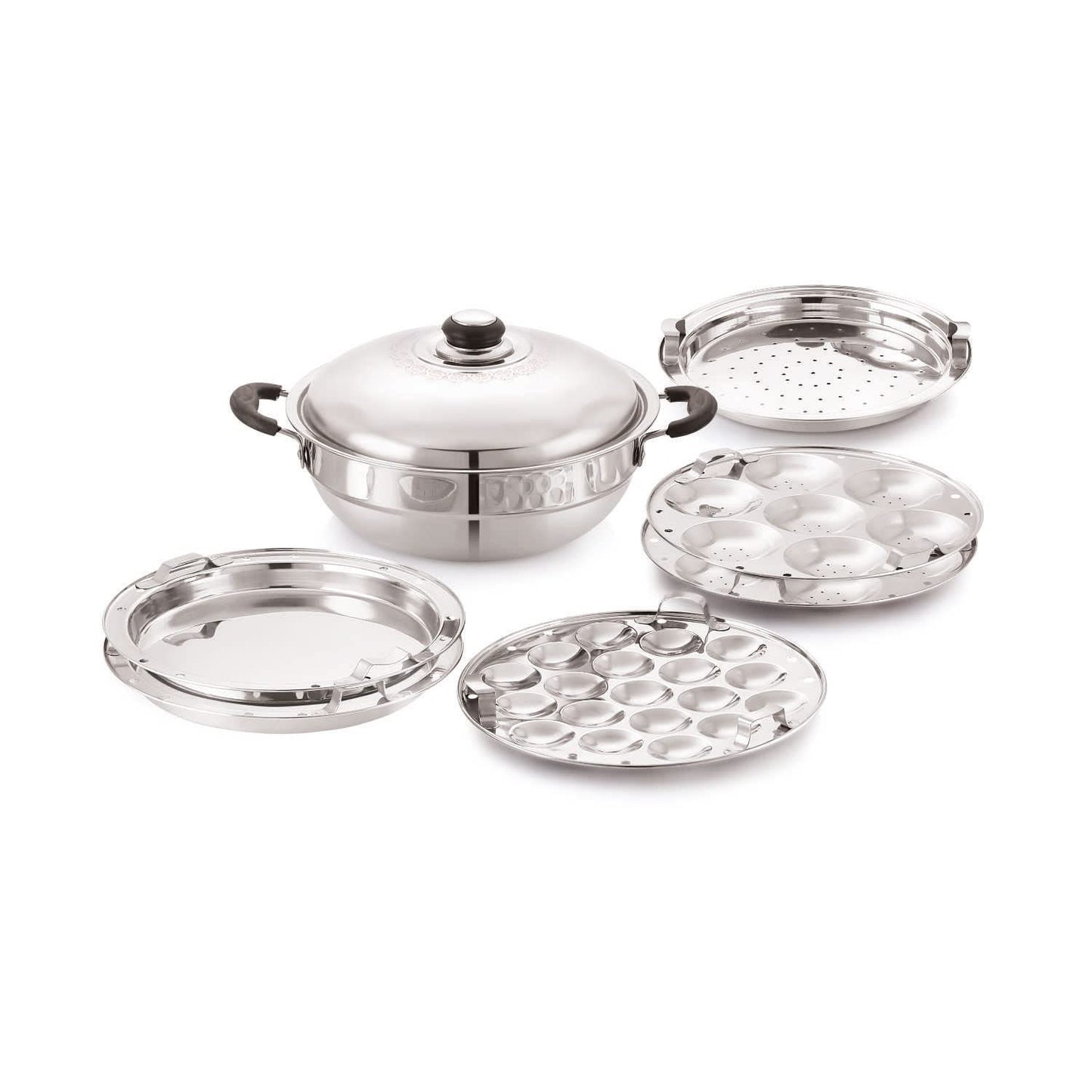 Anjali Fiesta Stainless Steel 7 in 1 Pro Multi Kadai with Lid Gift Set 4700 ml including 3 Idli Plates 1 Patra Plate and 2 Dhokla Plates Compatible with Induction Base