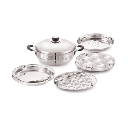 Anjali Fiesta Stainless Steel 7 in 1 Pro Multi Kadai with Lid Gift Set 4700 ml including 3 Idli Plates 1 Patra Plate and 2 Dhokla Plates Compatible with Induction Base