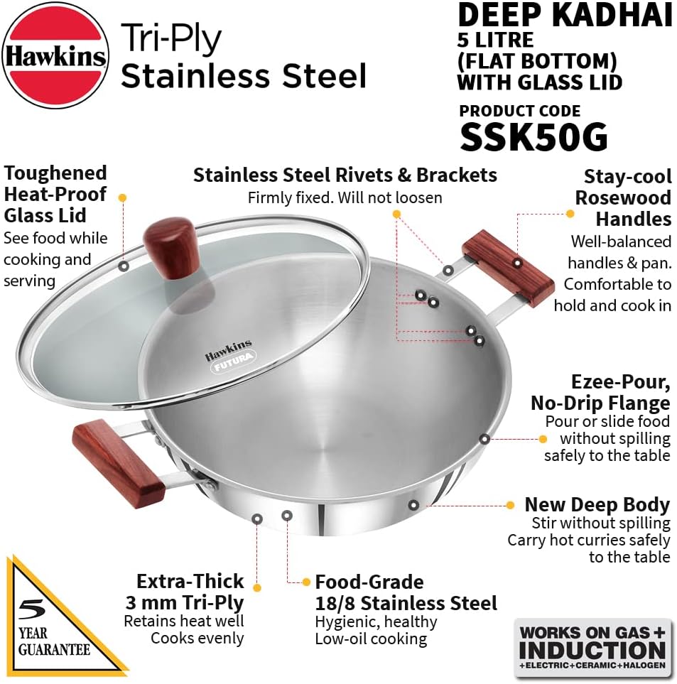 Hawkins 5 Litre Deep Kadhai, Triply Stainless Steel Kadai with Glass Lid, Flat Bottom Induction Deep Kadhai, Big Kadai, Silver (SSK50G)