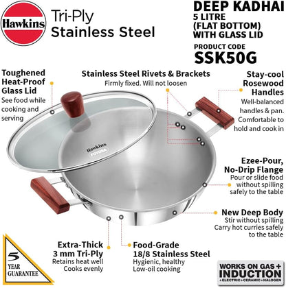 Hawkins 5 Litre Deep Kadhai, Triply Stainless Steel Kadai with Glass Lid, Flat Bottom Induction Deep Kadhai, Big Kadai, Silver (SSK50G)