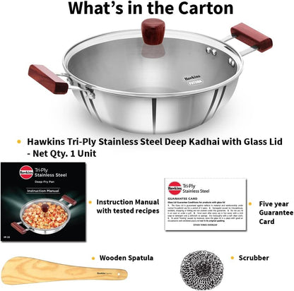 Hawkins 5 Litre Deep Kadhai, Triply Stainless Steel Kadai with Glass Lid, Flat Bottom Induction Deep Kadhai, Big Kadai, Silver (SSK50G)