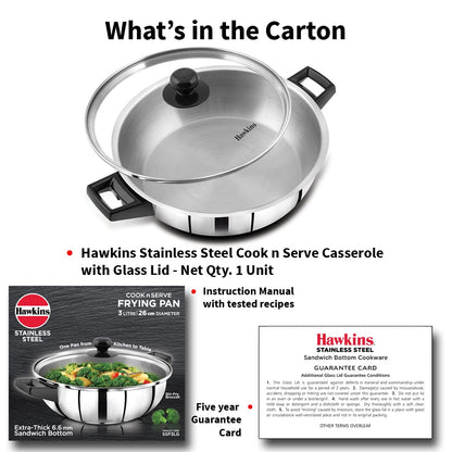 Hawkins 3 Litre Cook n Serve Frying Pan, Stainless Steel Fry Pan with Glass Lid, Induction Frying Pan, Frypan for Cooking and Serving, Silver (SSF3LG)