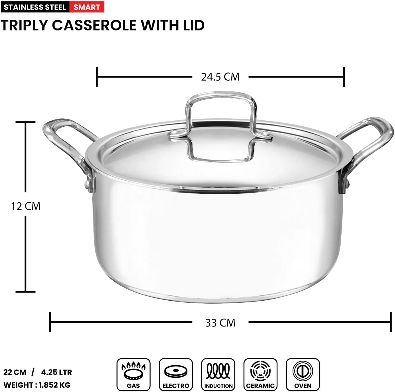 VINOD SMART TRIPLY CASSEROLE WITH LID 22 CM