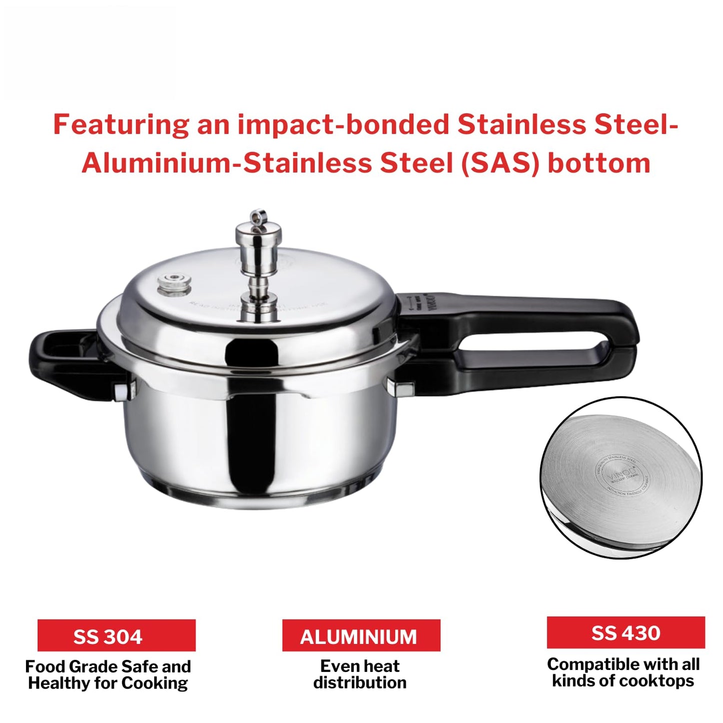 Vinod Stainless Steel Deep Pan Pressure Cooker 4.5 Litres | Dual Use as Fry Pan & Cooker | Sandwich Bottom | Induction & Gas Compatible | ISI & CE Certified | Silver Finish