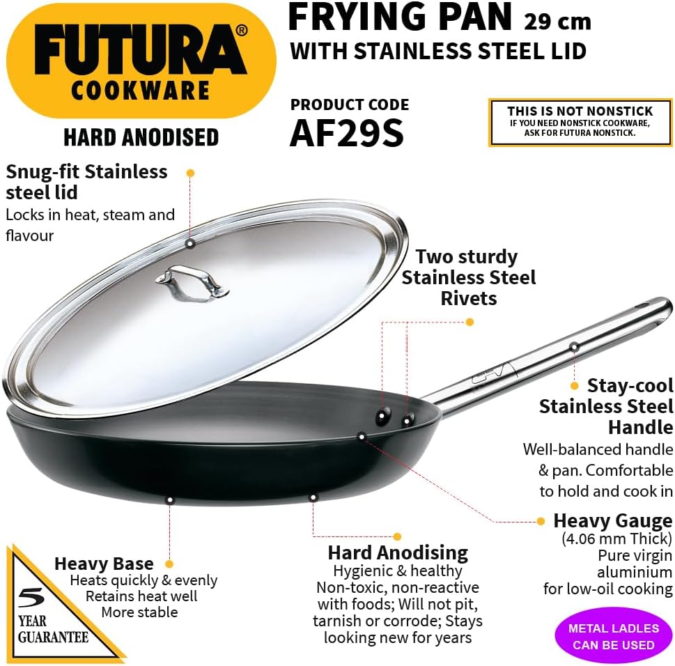 Hawkins Futura Hard Anodised Aluminium Frying Pan with Stainless Steel Lid, 30 cm Diameter