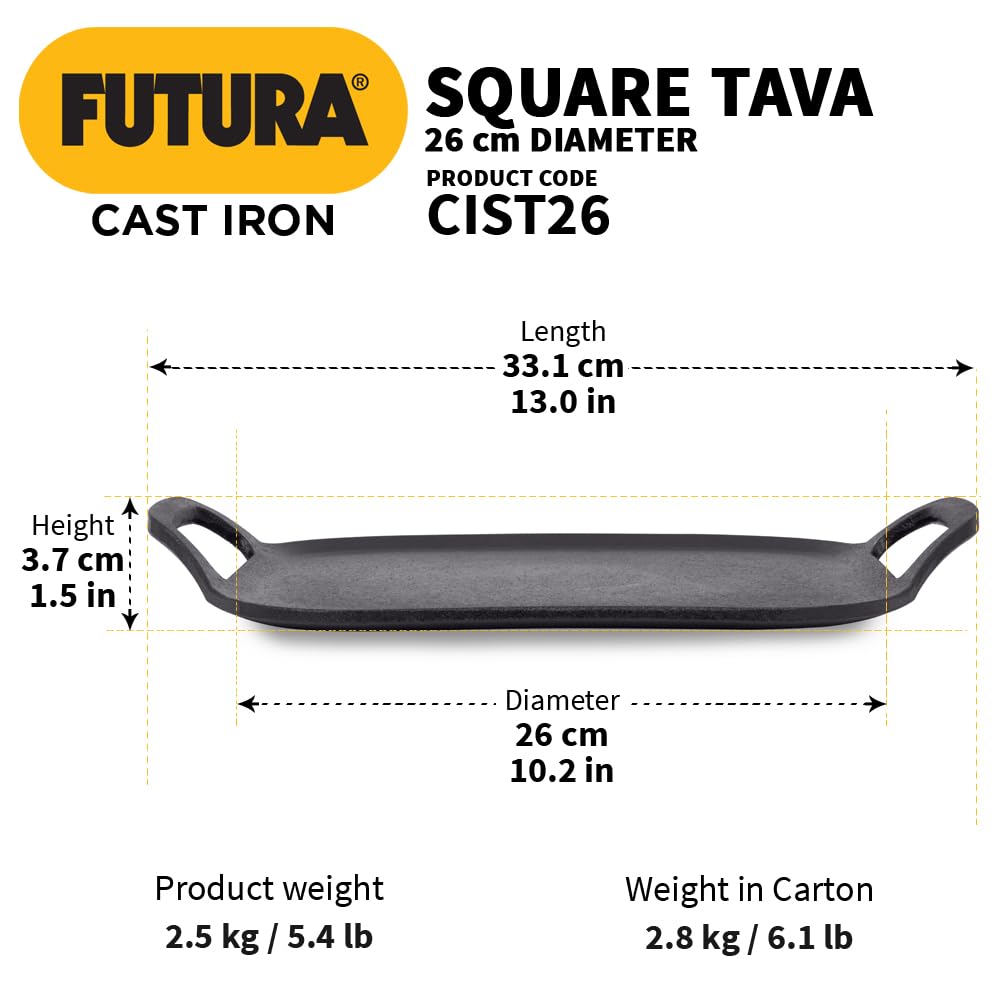 Hawkins Futura 26 cm Cast Iron Square Tava, Cast Iron Tawa for Pathri, Cast Iron Cookware for Kitchen (CIST26)