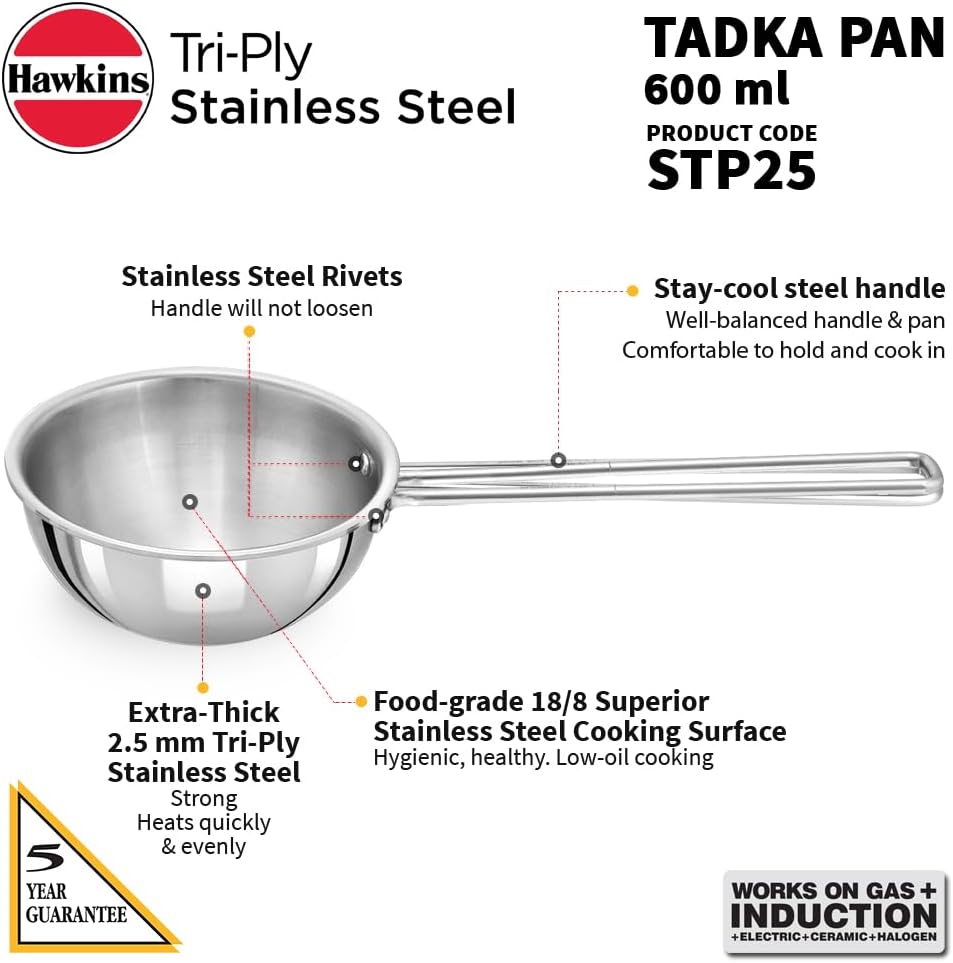 Hawkins Tadka Pan, Triply Stainless Steel Pan, Induction Pan, Silver 1.5 Cup , 2.5 Cup STP15 STP25