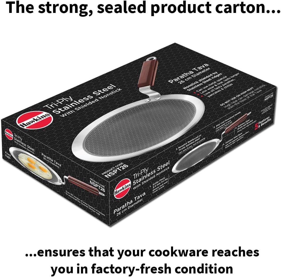 Hawkins Paratha Tawa, Triply Stainless Steel Shielded Nonstick Tawa with Rosewood Handle, Honeycomb Non Stick Induction Tawa, Silver 24 cm / 26 cm (NSPT24) (NSPT26)
