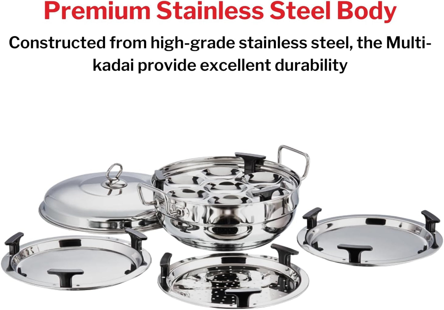 Vinod  Stainless Steel Idli (2 plates), Dhokla (2 plates) and Patra ( 1 plate) Multi Kadahi 26cm - Gas & Induction base