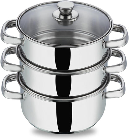 3 Tier Steamer Cooking Pan for Induction Hob, Food and Vegetable Steamer with Vented Glass Lid - 24 CM