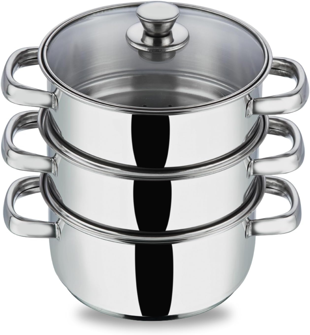 3 Tier Steamer Cooking Pan for Induction Hob, Food and Vegetable Steamer with Vented Glass Lid - 24 CM