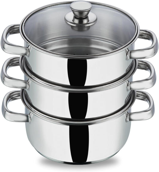 3 Tier Steamer Cooking Pan for Induction Hob, Food and Vegetable Steamer with Vented Glass Lid - 24 CM