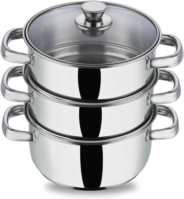3 Tier Steamer Cooking Pan for Induction Hob, Food and Vegetable Steamer with Vented Glass Lid - 24 CM