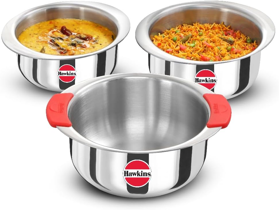 Hawkins Kitchen Gift Pack 2023 (23SGP) 3 Pieces Set of 1.5 Litre, 2 Litre and 2.5 Litre Triply Stainless Steel Patila, Tope, Bhagona, Tapeli, Saucepans